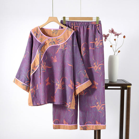 Rural Orchid Grass Cotton Gauze Nightwear Set