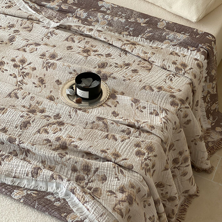 Vintage Floral Cotton Gauze Tassel Reversible Quilt
