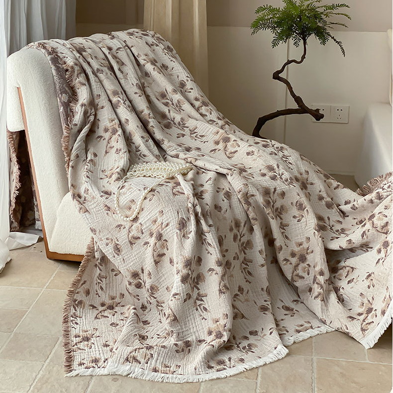 Vintage Floral Cotton Gauze Tassel Reversible Blanket