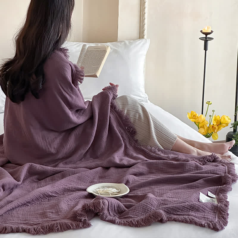 Simple Solid Color Tassel Cotton Gauze Blanket - image 20