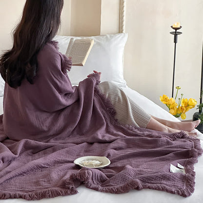 Simple Solid Color Tassel Cotton Gauze Blanket