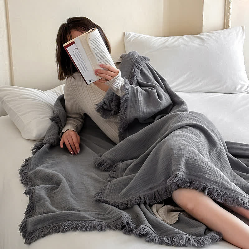 Simple Solid Color Tassel Cotton Gauze Blanket - image 3