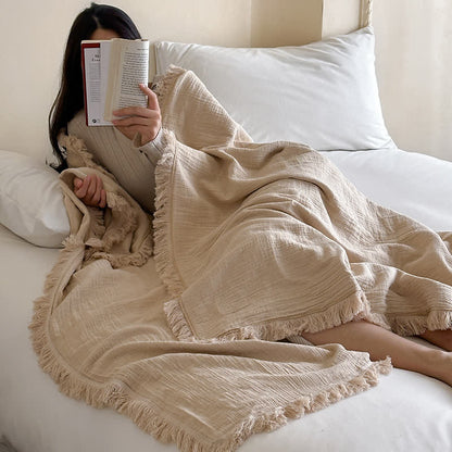 Simple Solid Color Tassel Cotton Gauze Blanket