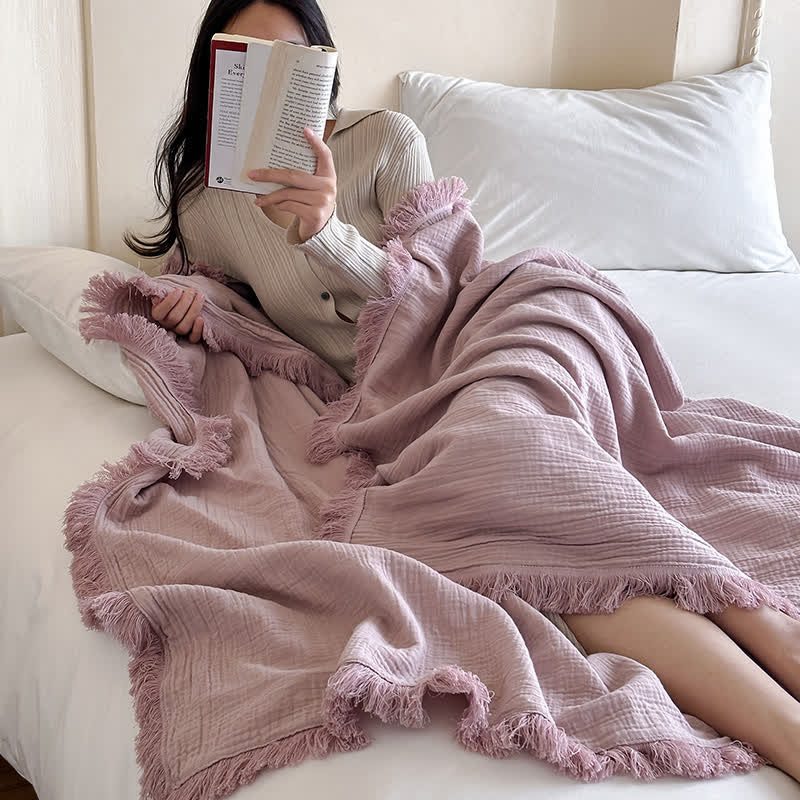 Simple Solid Color Tassel Cotton Gauze Blanket - image 1