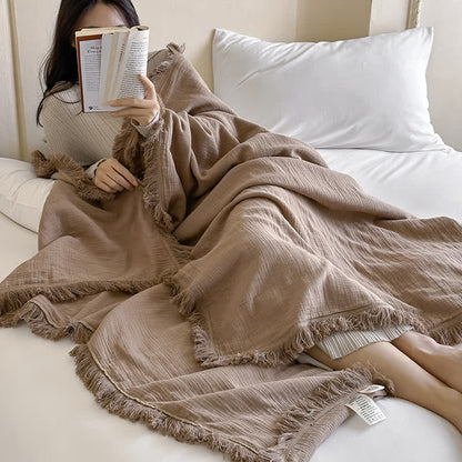 Simple Solid Color Tassel Cotton Gauze Blanket
