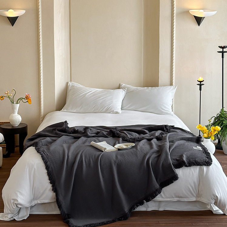 Simple Solid Color Tassel Cotton Gauze Blanket