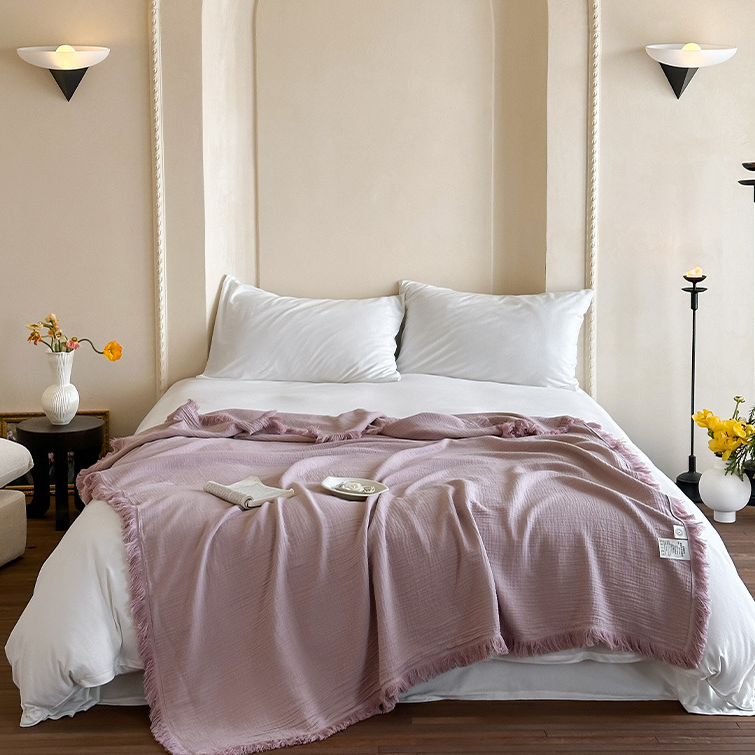 Simple Solid Color Tassel Cotton Gauze Blanket - Light Pink - 59"W x 79"L - image 0