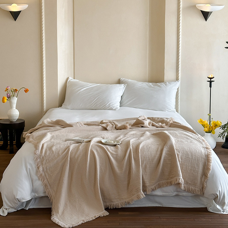 Simple Solid Color Tassel Cotton Gauze Blanket - Beige - 59"W x 79"L - image 15