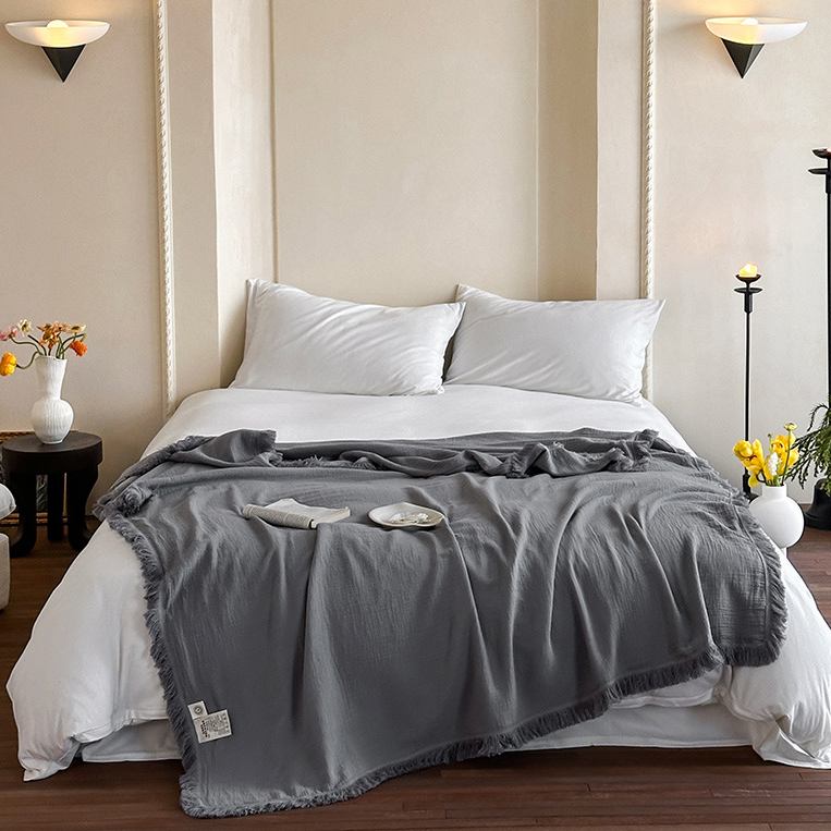 Simple Solid Color Tassel Cotton Gauze Blanket - Grey - 59"W x 79"L - image 4
