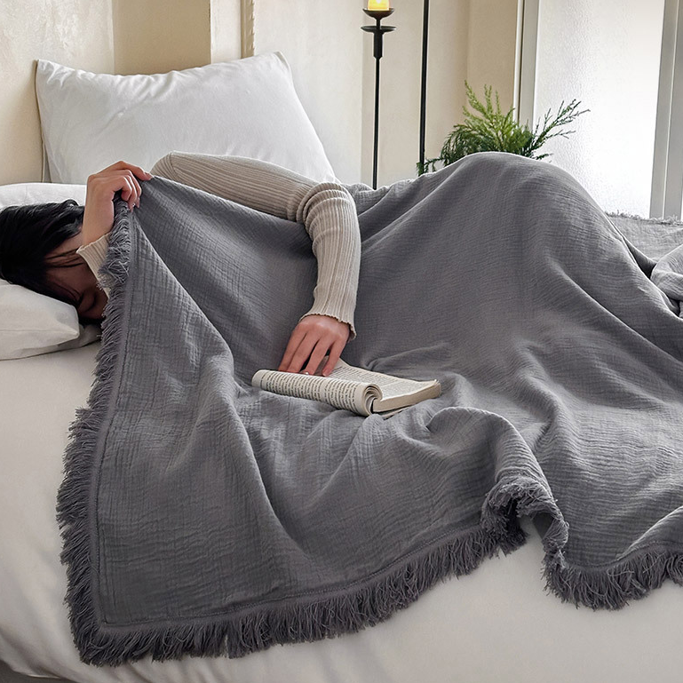 Simple Solid Color Tassel Cotton Gauze Blanket - image 5