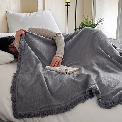 Simple Solid Color Tassel Cotton Gauze Blanket - image 5