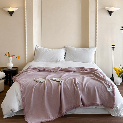 Simple Solid Color Tassel Cotton Gauze Blanket - Light Pink - 59"W x 79"L - image 11