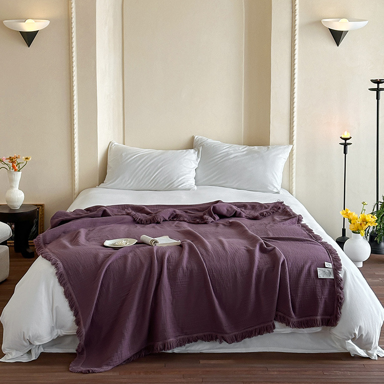 Simple Solid Color Tassel Cotton Gauze Blanket - Dark Purple - 59"W x 79"L - image 19
