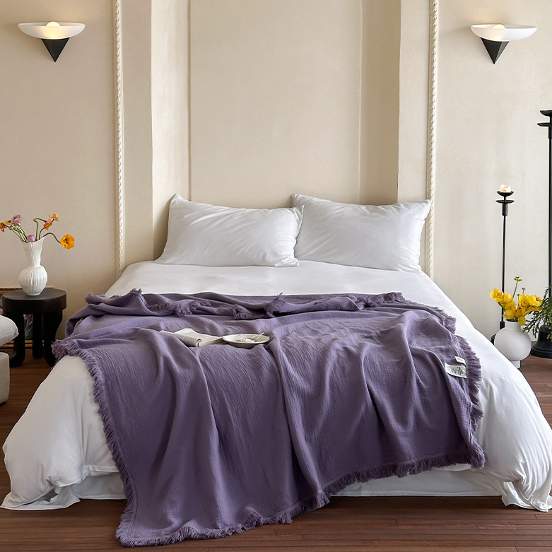 Simple Solid Color Tassel Cotton Gauze Blanket - Purple - 59"W x 79"L - image 17