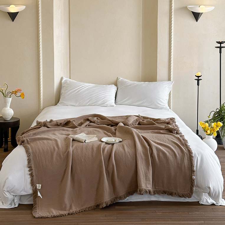 Simple Solid Color Tassel Cotton Gauze Blanket