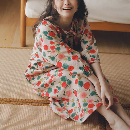 Round-neck Cotton Gauze Elegant Floral Nightdress