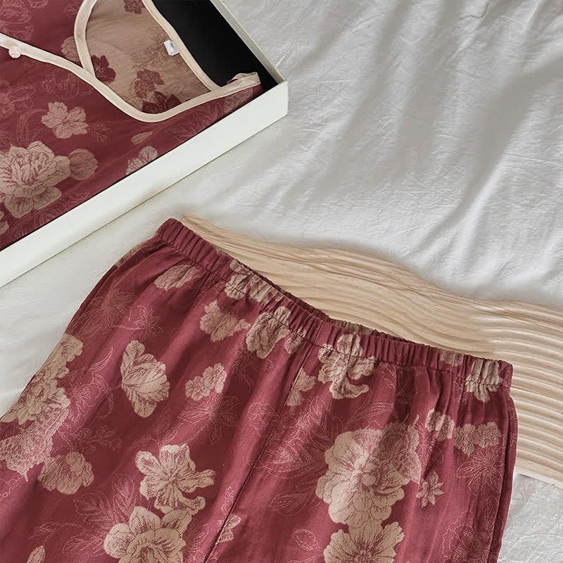 Vintage Floral Cotton Gauze Jacquard Nightwear Set