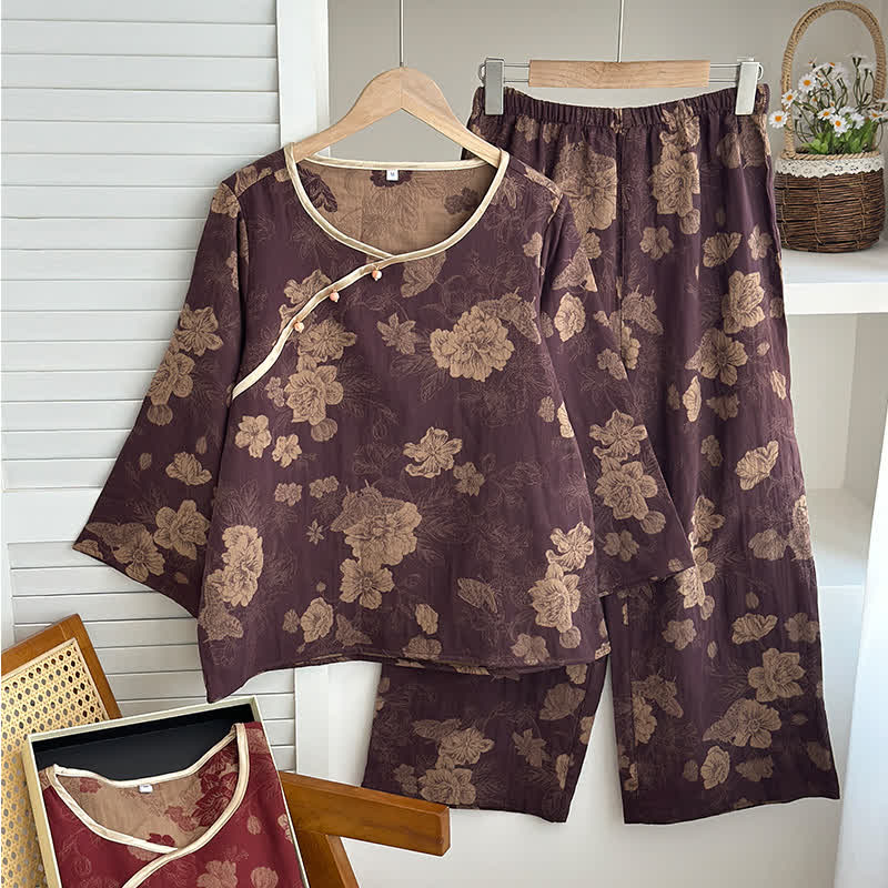 Vintage Floral Cotton Gauze Jacquard Nightwear Set