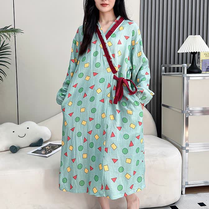 Plus Size Cotton Gauze Geometric Kimono Nightdress