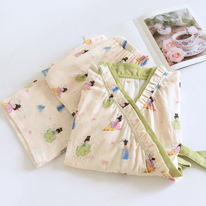 Vintage Cotton Gauze Asymmetric Front Loungewear Set
