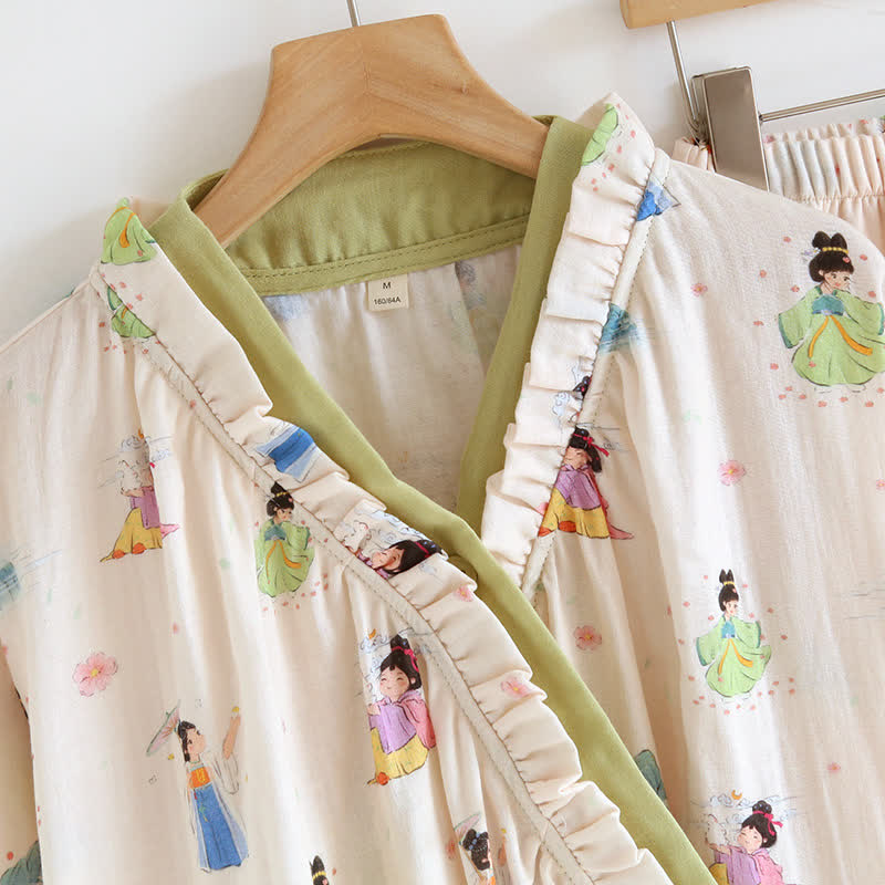Vintage Cotton Gauze Asymmetric Front Loungewear Set