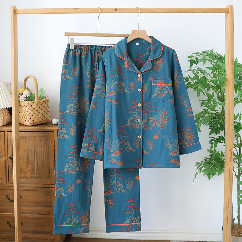 Cotton Double Yarn Jacquard Botanical Loungewear Set