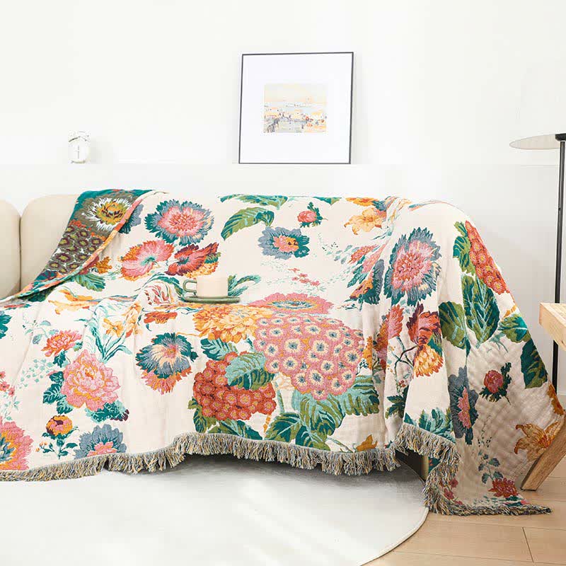Floral Cotton Multi-Layer Gauze Tassel Reversible Quilt