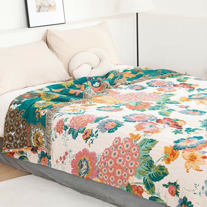 Floral Cotton Multi-Layer Gauze Tassel Reversible Quilt