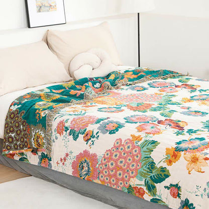 Floral Cotton Multi-Layer Gauze Tassel Reversible Quilt
