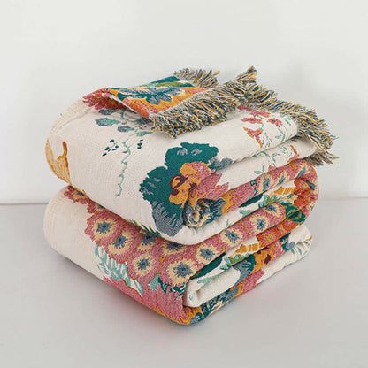 Floral Cotton Multi-Layer Gauze Tassel Reversible Quilt