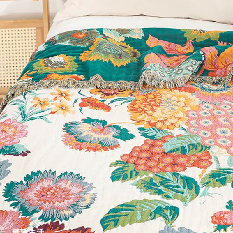 Floral Cotton Multi-Layer Gauze Tassel Reversible Quilt
