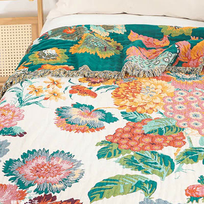 Floral Cotton Multi-Layer Gauze Tassel Reversible Quilt