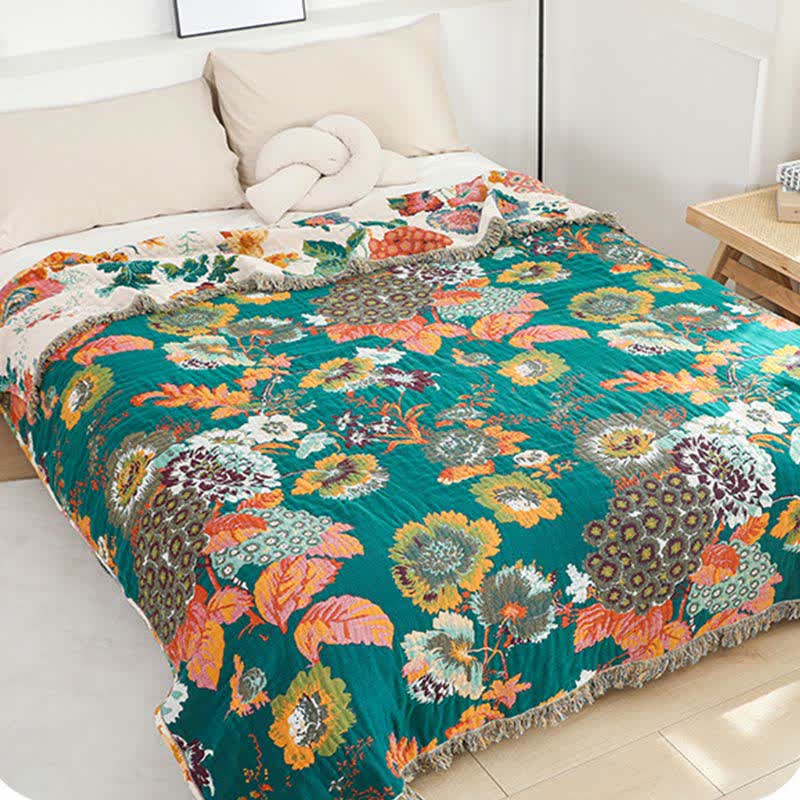 Floral Cotton Multi-Layer Gauze Tassel Reversible Quilt