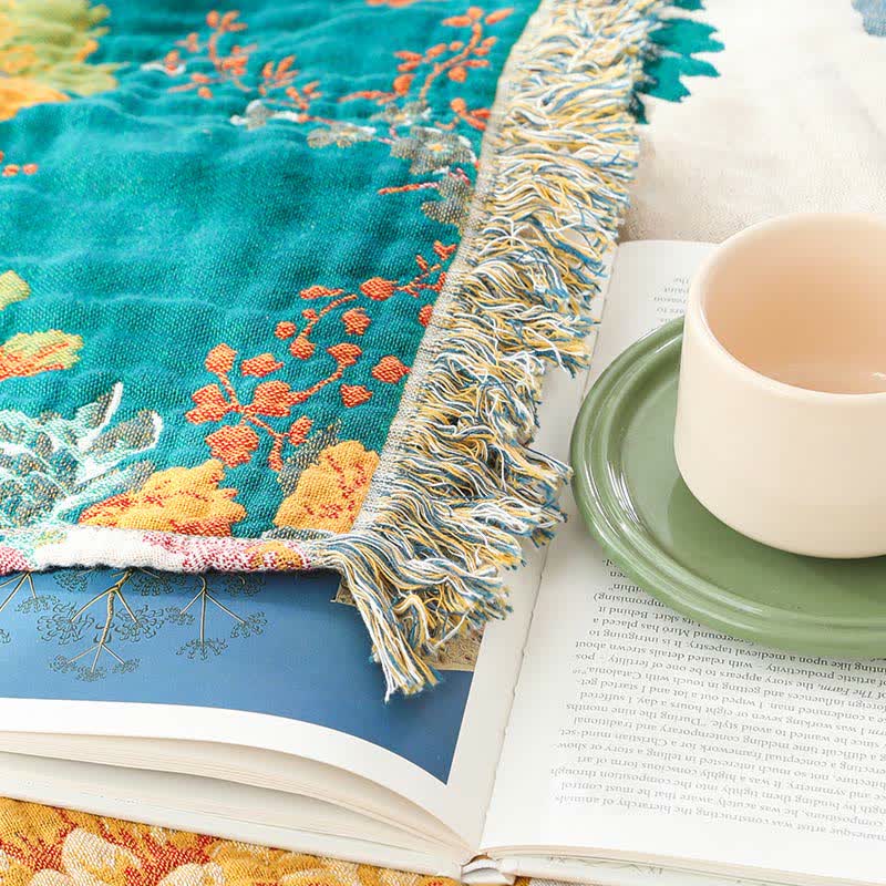 Floral Cotton Multi-Layer Gauze Tassel Reversible Quilt