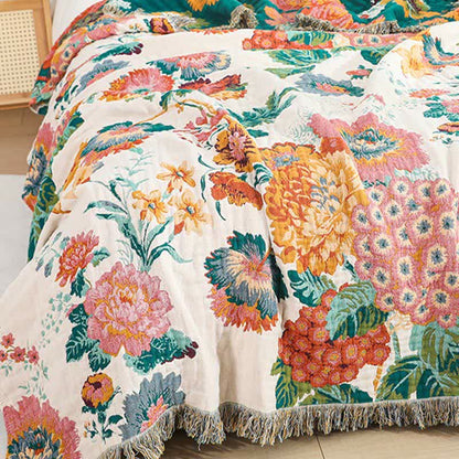 Floral Cotton Multi-Layer Gauze Tassel Reversible Quilt
