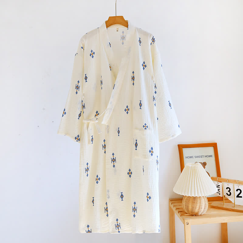 Geometric Pattern Cotton Gauze Bathrobe Pajama - L - Beige - image 0