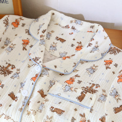 Rabbit Print Cotton Gauze Short Sleeve Loungewear Set