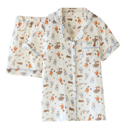 Rabbit Print Cotton Gauze Short Sleeve Loungewear Set