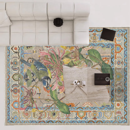 Floral Bird Water Resistant Washable Area Rug