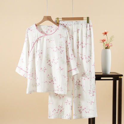 Vintage Plum Blossom Print Bamboo Cotton Pajama Set