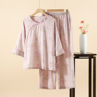 Vintage Plum Blossom Print Bamboo Cotton Pajama Set