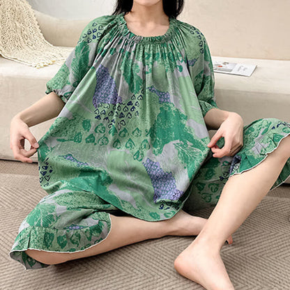 Plus Size Retro Round Neck Loungewear Set