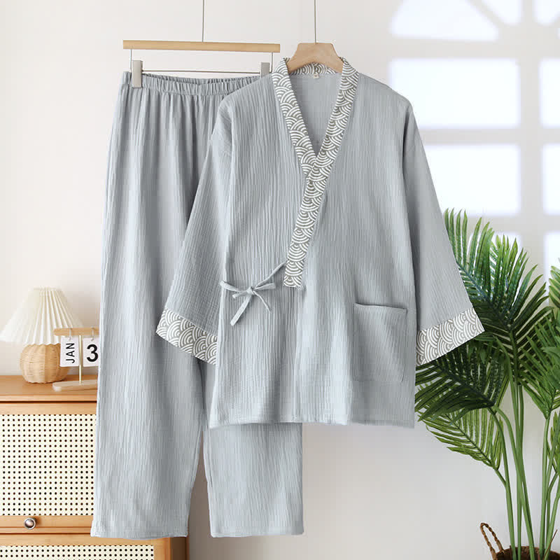 Neutral Kimono Cotton  Gauze Pajama Set - Light Gray - XL - image 13