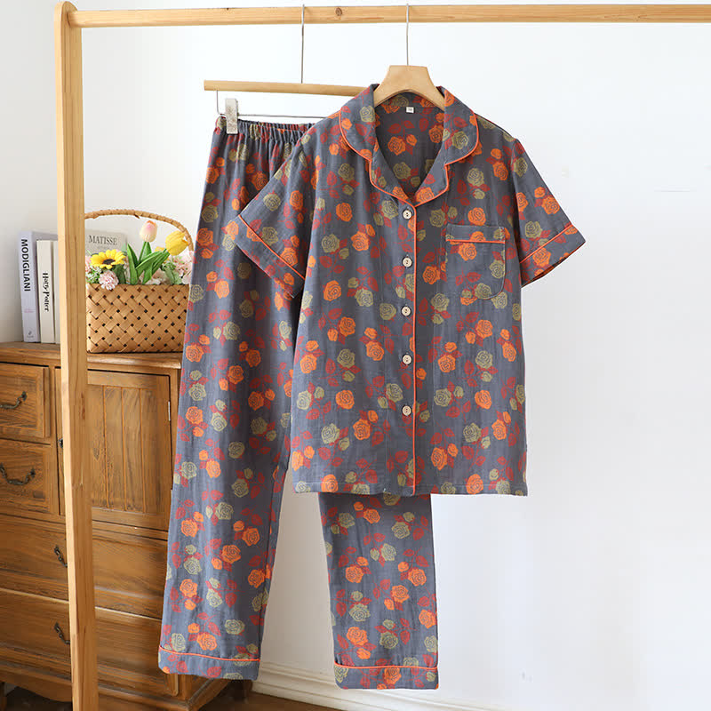 Cotton Vintage Rose Jacquard Short Sleeve Loungewear Set