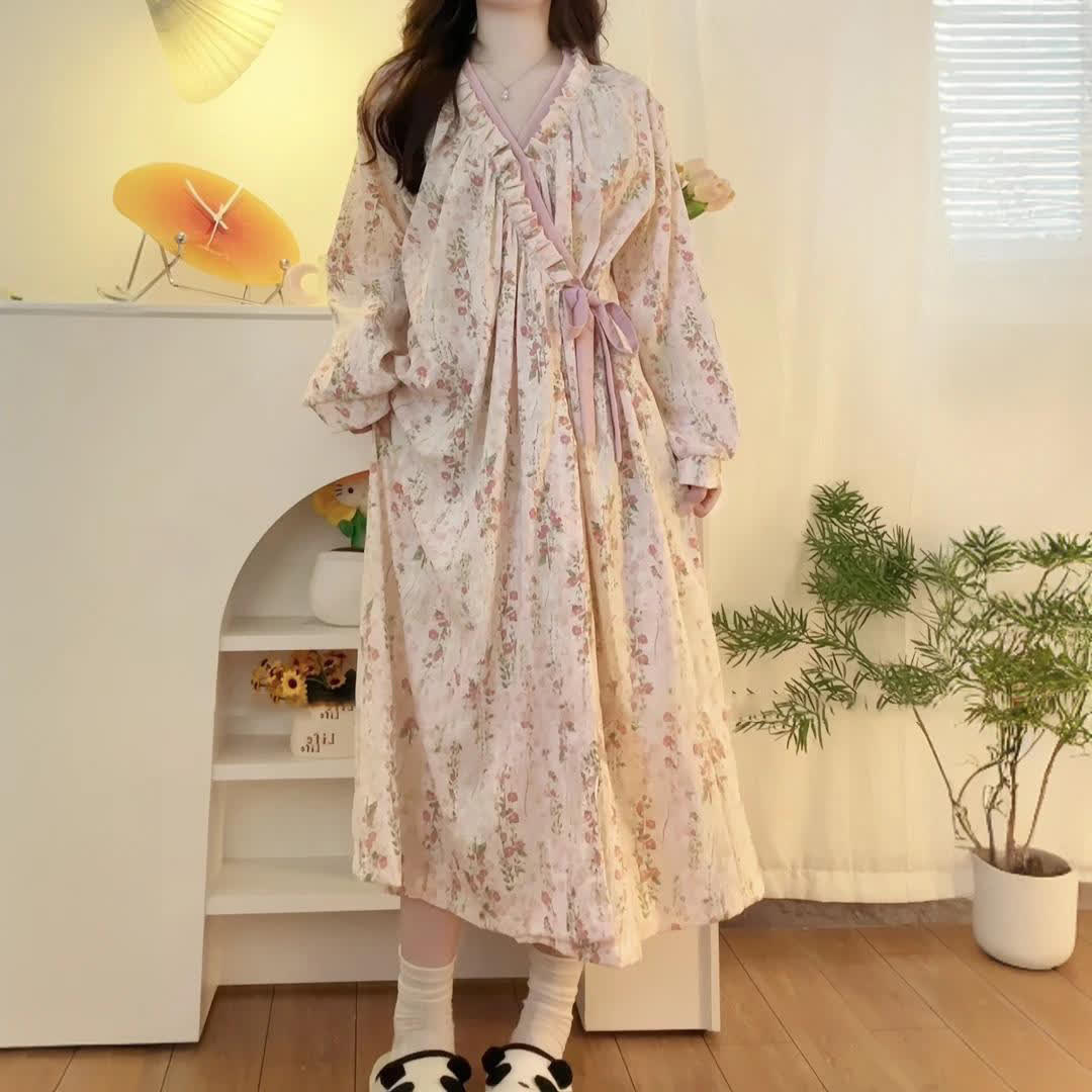 Floral V-neckline Soft Long Nightgown
