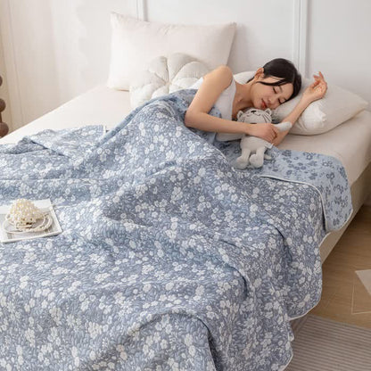 Cotton Gauze Floral Jacquard Reversible Quilt - Blue - Queen - image 1