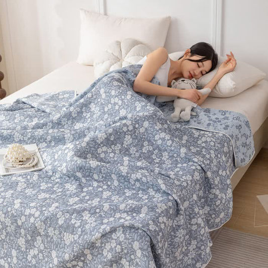 Cotton Gauze Floral Jacquard Reversible Quilt - Blue - Queen - image 1