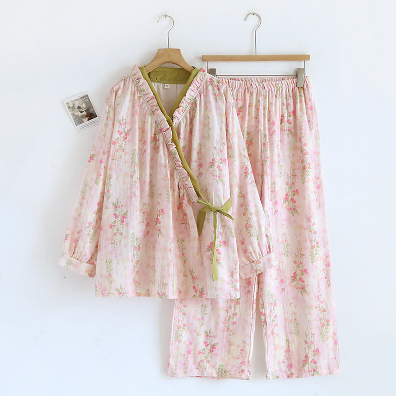 Rose Print Cotton Gauze Asymmetric Front Loungewear Set
