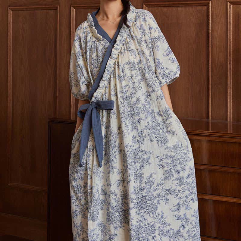 Country Style Padded Tie Nightgown with Pocket