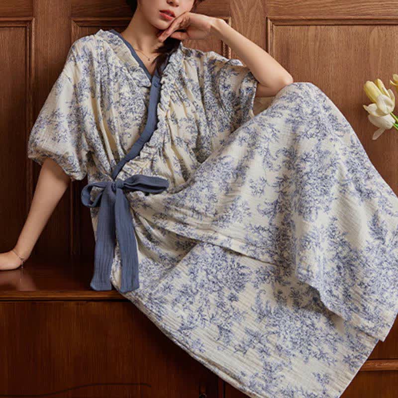 Country Style Padded Tie Nightgown with Pocket